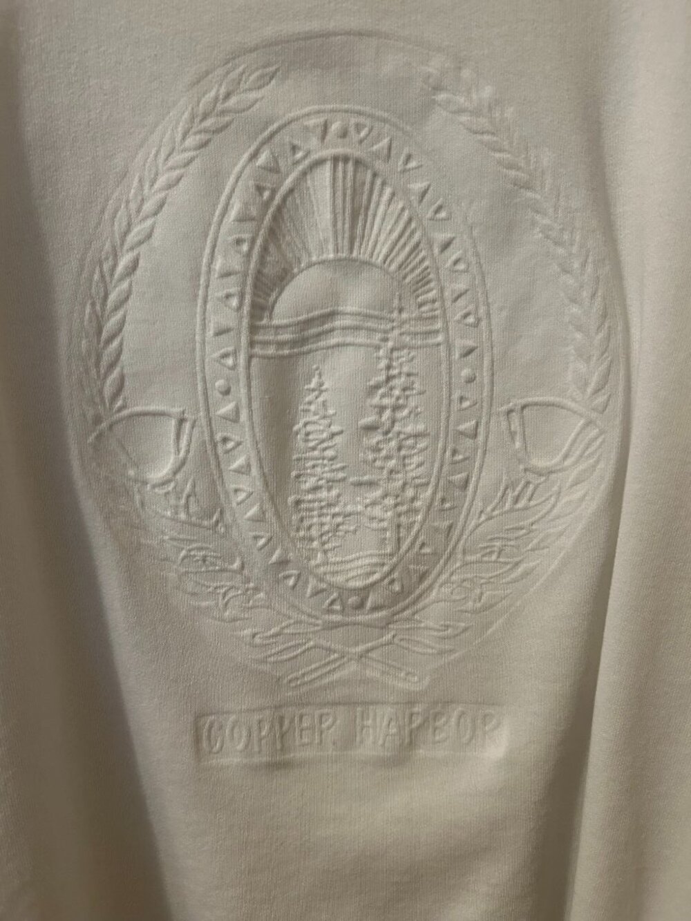 Vintage COPPER HARBOR Embossed Design Sweat Shirt, Size Large, Trees & Sunrise